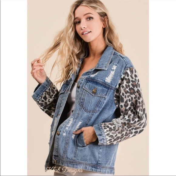 🌺LAST1️⃣🌺New Distressed Denim Jacket Button Down Front & Leopard Print Sleeves - Picture 2 of 11